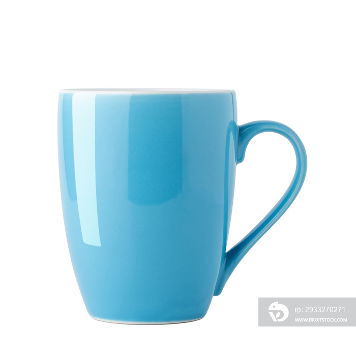 Empty blue coffee cup isolated on white background, front view with clipping path.