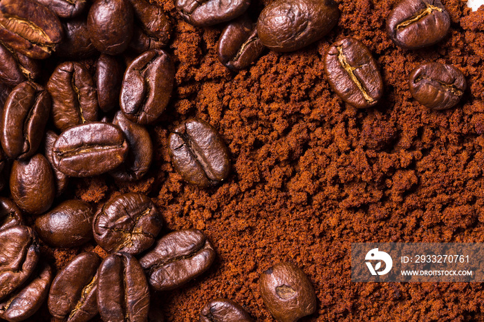 roasted coffee beans and powder