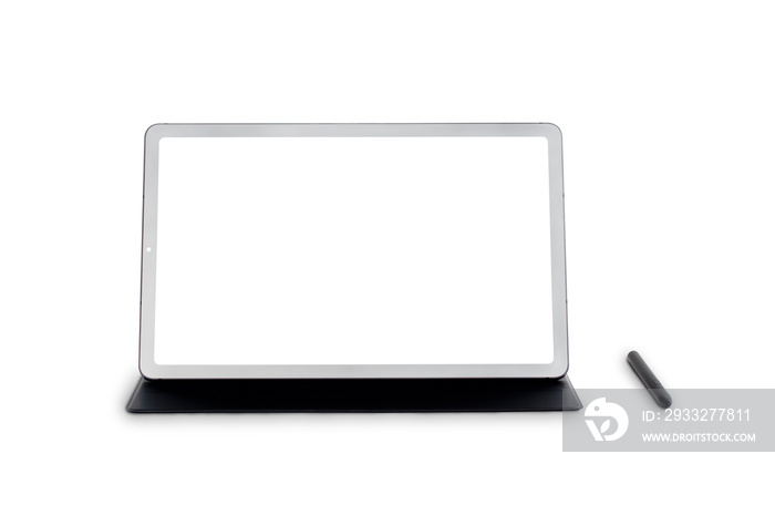 New model 10.4  black tablet is placed on the cover with a pen, blank screen with copy space for tex