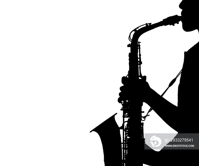 silhouette young woman playing the saxophone isolated on white background