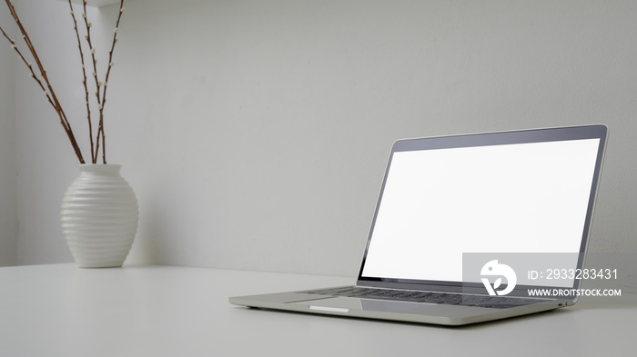 Cropped shot of minimal workspace with open blank screen laptop, vase and copy space