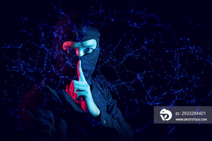 hacker guy in ninja costume with security hack to digital global network ai server online concept