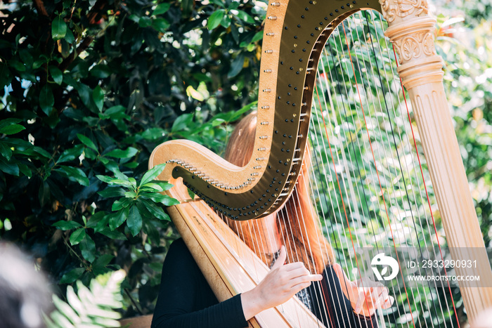 Woman playing harp in a garden