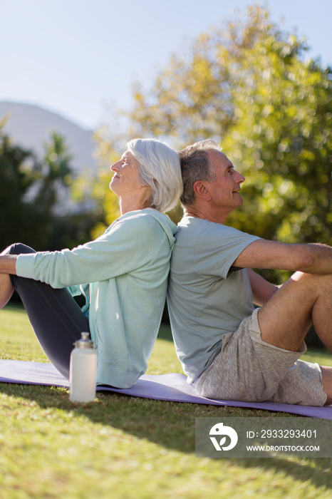 Senior couple back to back on yoga mat in sunny grass