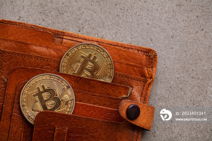 Brown leather crypto curreency wallet with a bitcoin gold coin. Digital finance concept