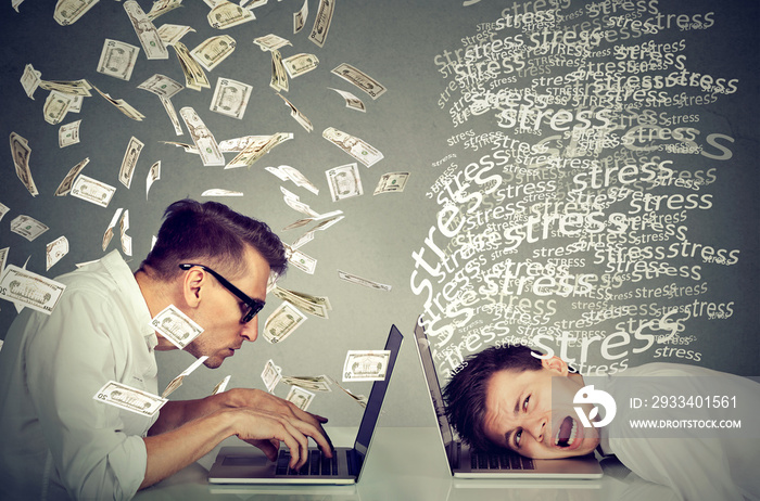 Stressed man next to man under money rain. Pay labor difference .