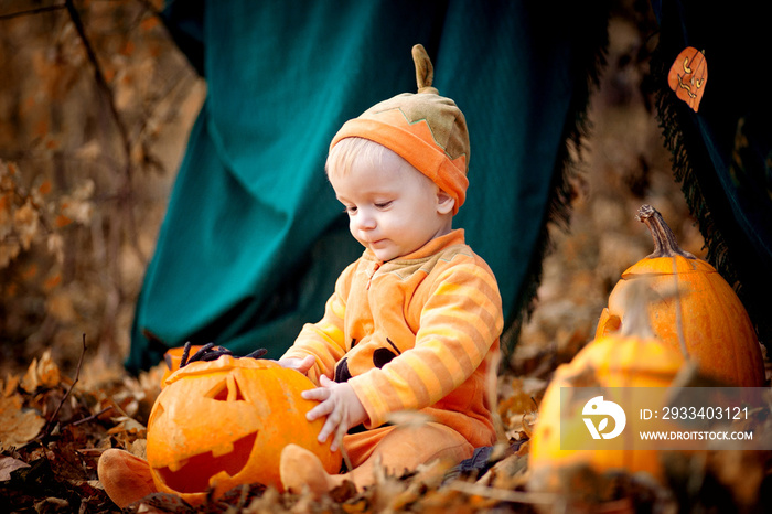 Little boy among autumn leaves with pumpkins for Halloween