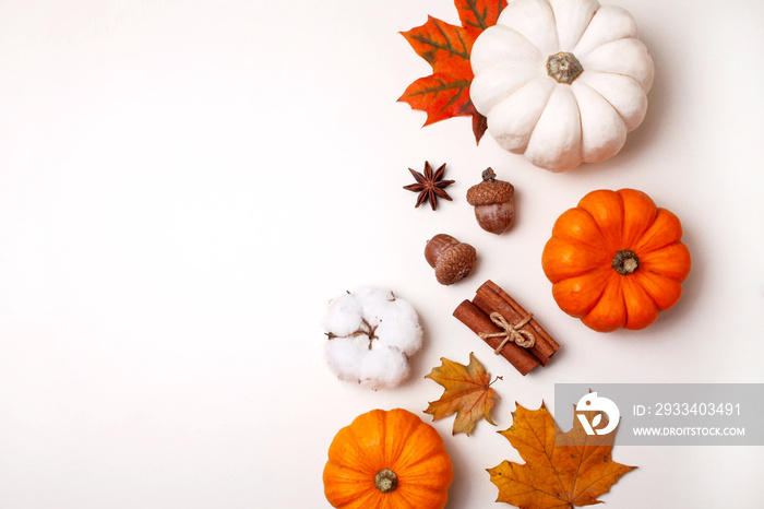 Small decorative pumpkins and autumn leaves on white table. Flat lay style
