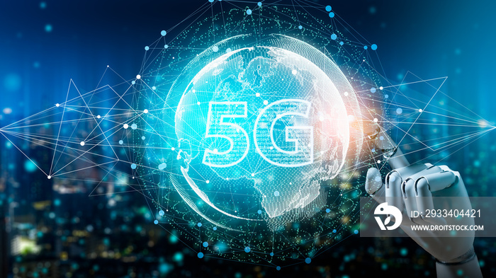 5G network digital hologram and internet of things on city background.5G network wireless systems.