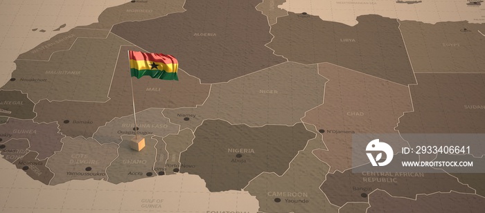 Ghana map and flag. 3d illustration of national flag on the vintage map.