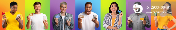 Row of excited multicultural people using cellphone and credit card