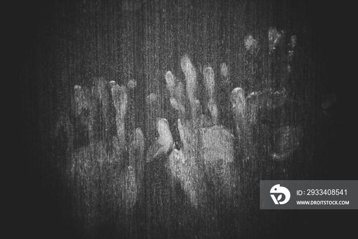 Hand marks on wooden wall - hand prints Horror scary dirty fingerprint The concept of loneliness and