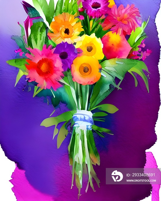 A watercolor flower bouquet is a grouping of brightly colored flowers in shades of pinks, purples, a