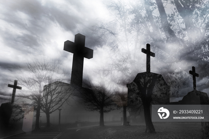 Cemetery or graveyard in the night with dark sky. Haunted cemetery. Halloween day background. Hallow