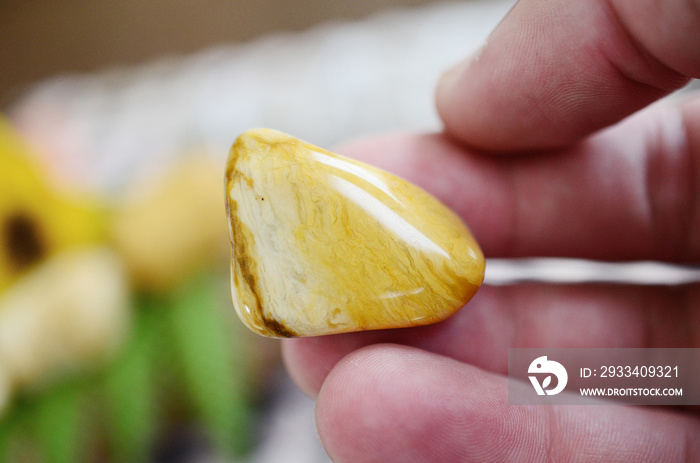 Womans hand holding yellow jasper healing crystals. Tumbled yellow crystals, natural lighting and l