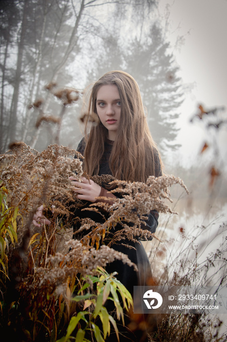 A beautiful girl in a black dress in the morning autumnal fog, fairy tale girl on autumn landscape