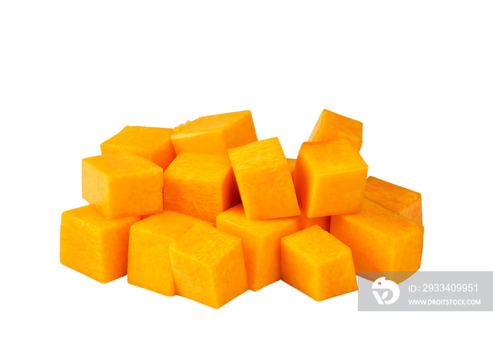 Diced butternut squash isolated on white background.