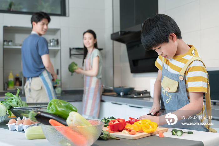 年轻父母教儿子学做饭