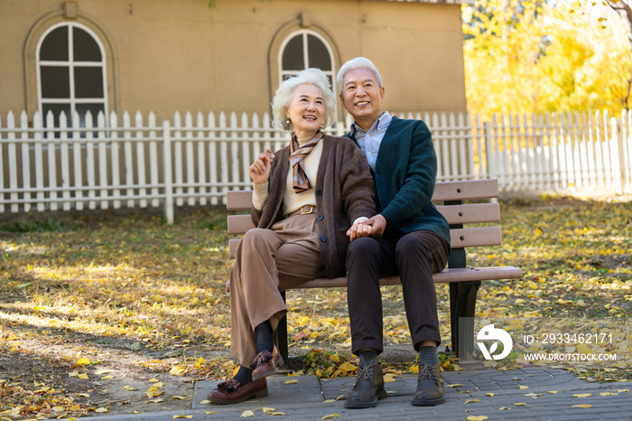 幸福的老年夫妇坐在长椅上