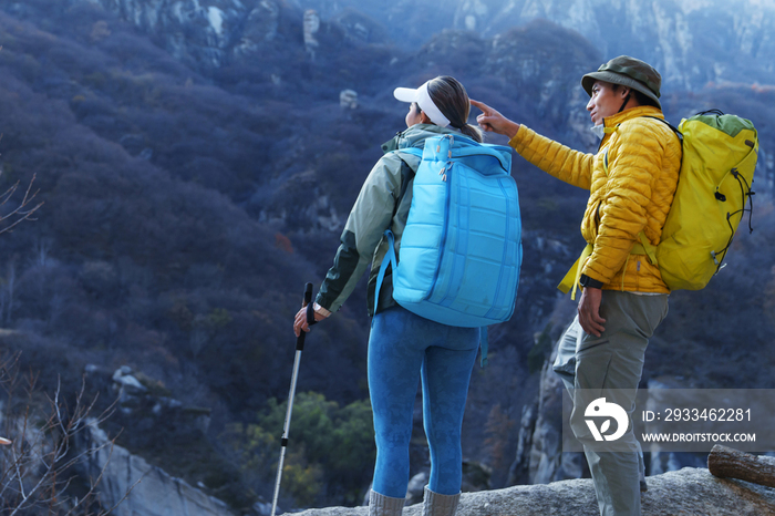 青年登山者伴侣站在山顶俯瞰