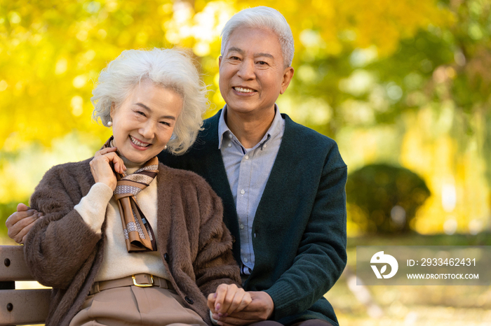 幸福的老年夫妇坐在长椅上