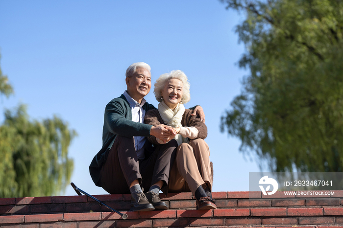 户外幸福的老年夫妇坐在台阶上看风景