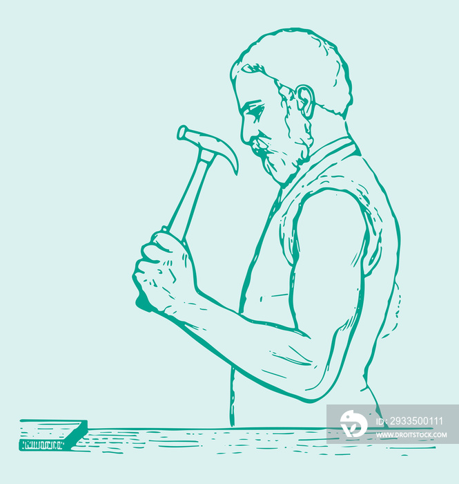 Illustration of a green outline of a hardworking man holding a hammer