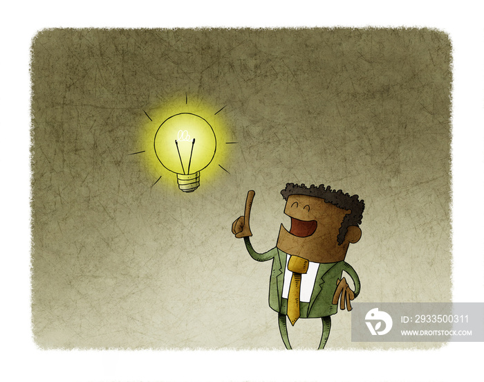 Funny illustration of a black man who has a lit bulb above his head. Creativity concept