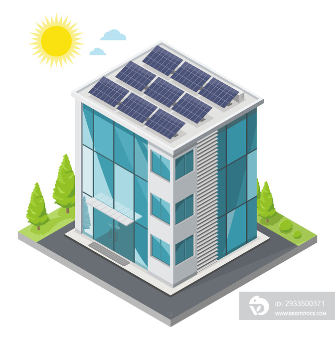 Solar palnels Roof top installation Engineer installer team service Office Work Station Glass city Building save energy ecology concept isometric isolated illustration cartoon