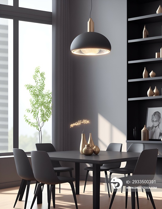 Photo of a modern dining room featuring a sleek and stylish table and chairs