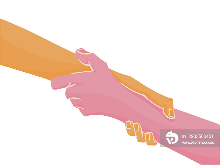 Concept of support and help. Illustration of two right hands holding each other strongly