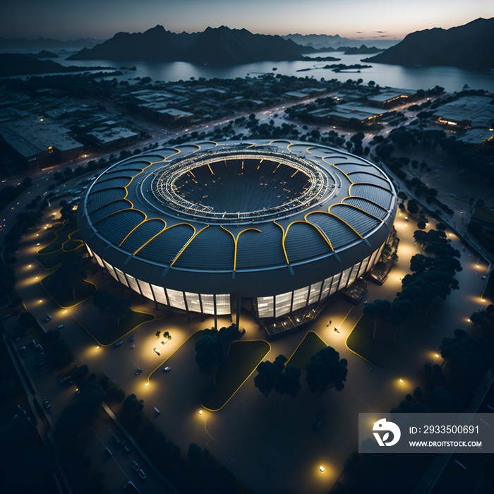 Photo of a brightly lit stadium from a bird’s eye view during a night event