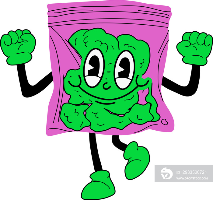 Plastic bag. Cartoon mascot character. Medical cannabis, weed, marijuana character concept