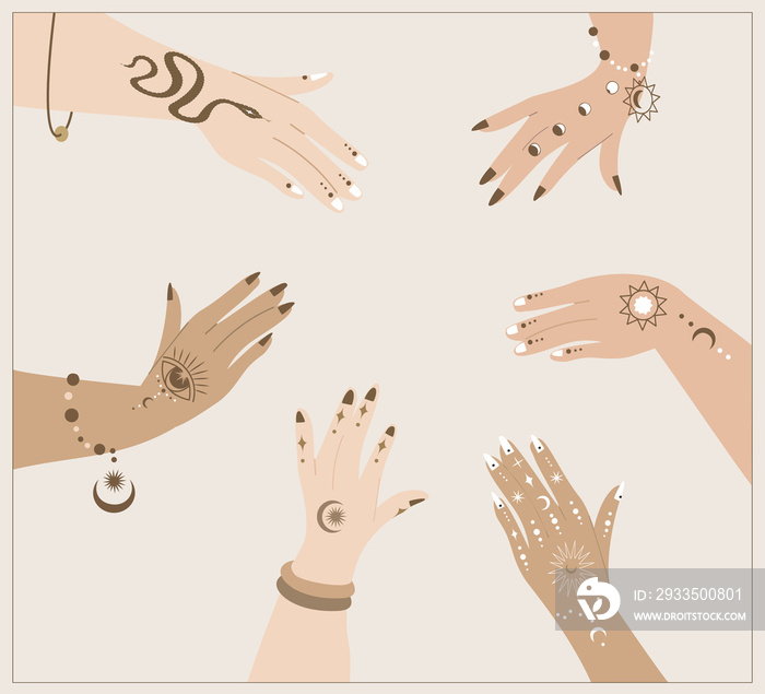 Female Palms with Ornamental Henna Mehendi Paintings Circle.Women Round hands.Esoterics Indian Style.Sacred Woman Group Power.Feminine Meeting,Female Empowerment Energy Union.Flat Vector Illustration