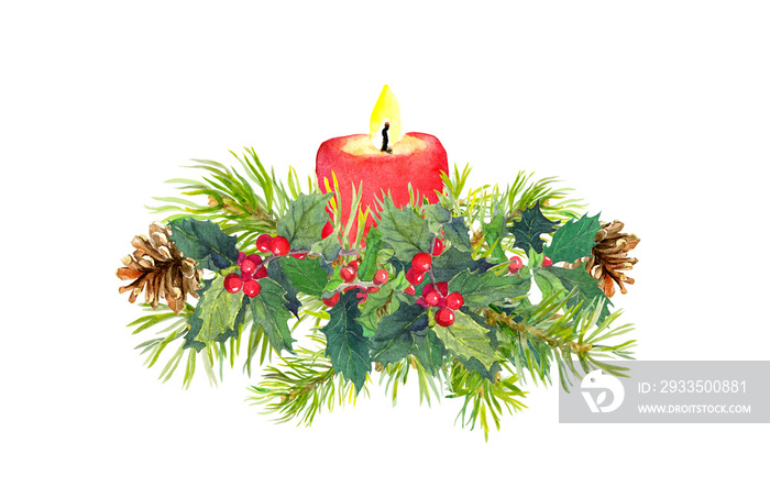 Branches of Christmas tree, candle, mistletoe. Watercolor composition