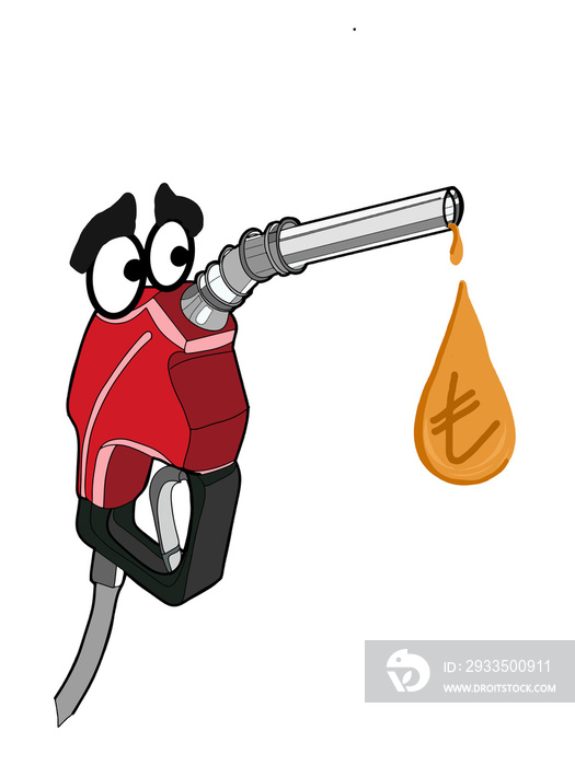 cute characters gas pump fuel pump cartoon illustration drawing and dripping oil and turkish liras money symbol - Illustration