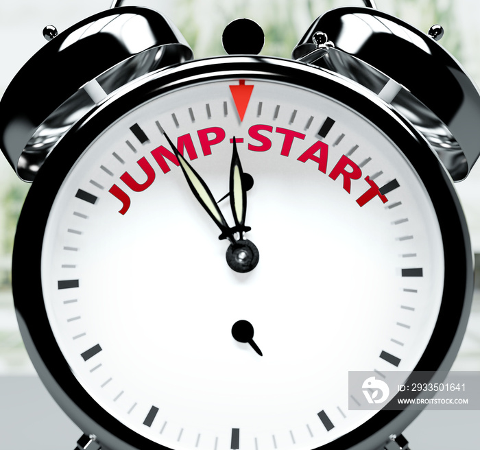 Jump start soon, almost there, in short time - a clock symbolizes a reminder that Jump start is near, will happen and finish quickly in a little while, 3d illustration