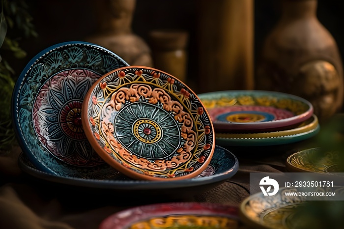 ..A set of handcrafted ceramic plates with a delicate pattern.