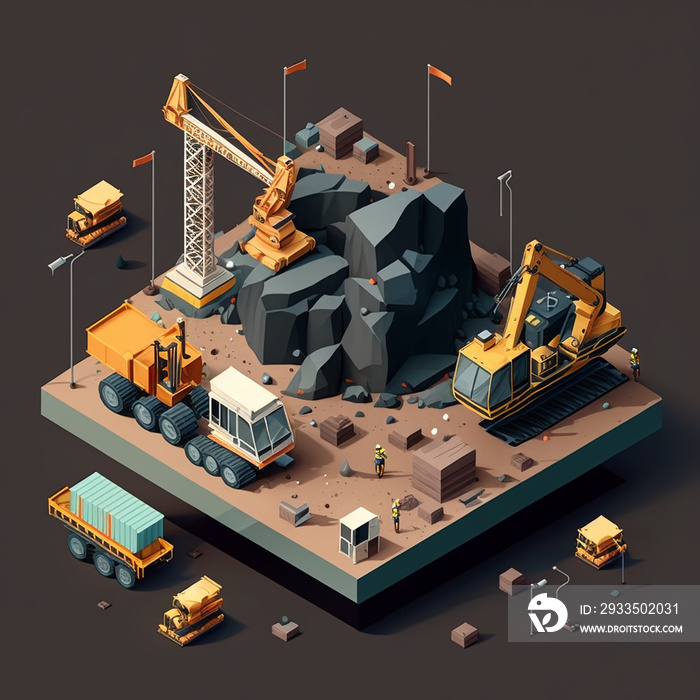 isometric illustration of a construction site with heavy machinery