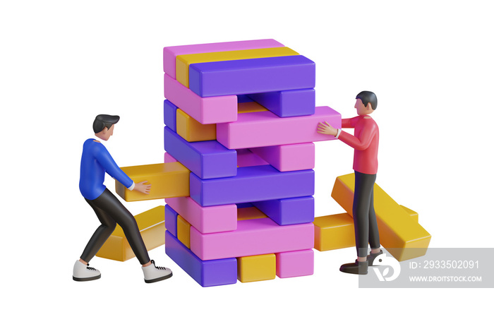 Jenga game. Wooden cubes block puzzle. Brick element tower and collapsed pile. playing Jenga at home. 3d illustration