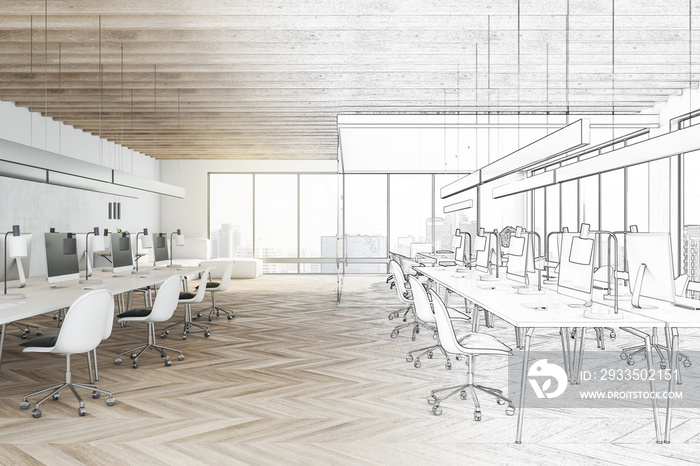 Modern hand drawn coworking meeting room interior with daylight, furniture and equipment. Design, refurbishment, repairs and project concept. 3D Rendering.