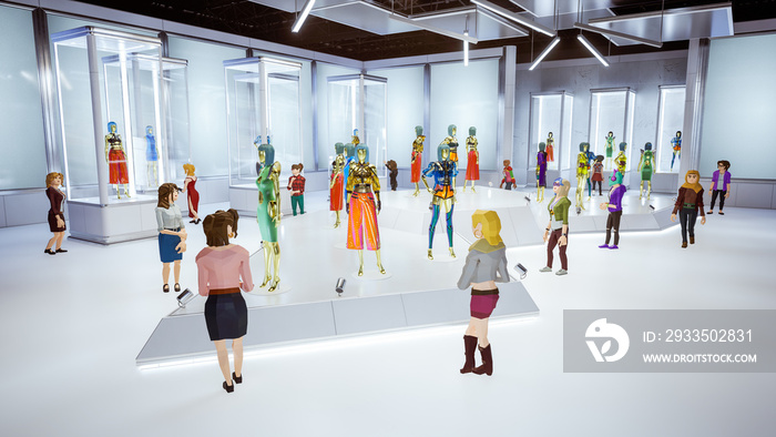 Metaverse avatars of people shopping in digital clothing shop, 3d render