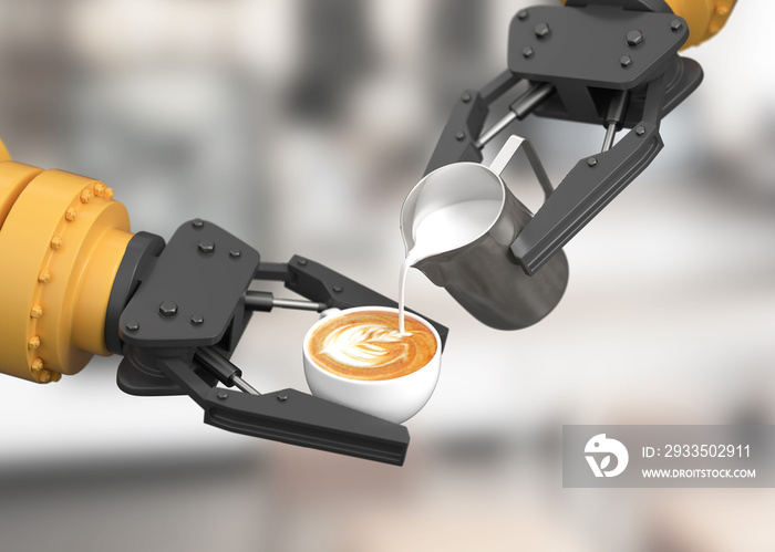 Robotic arm make latte art. 3D illustration