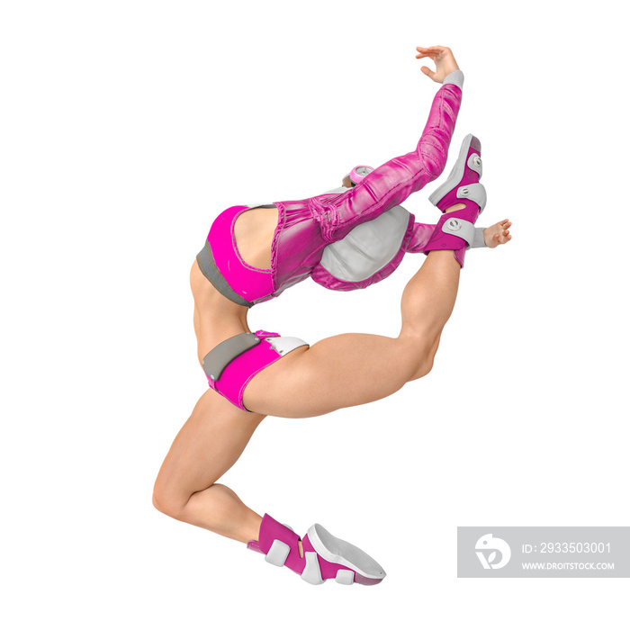 muscular woman in a cyberpunk suit is doing a ballet dance jump