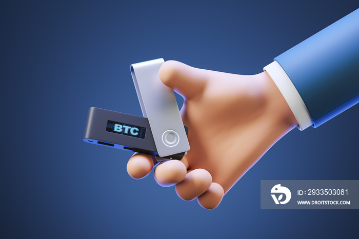 3d rendering. Cartoon man hand with crypto hardware wallet for bitcoin storage