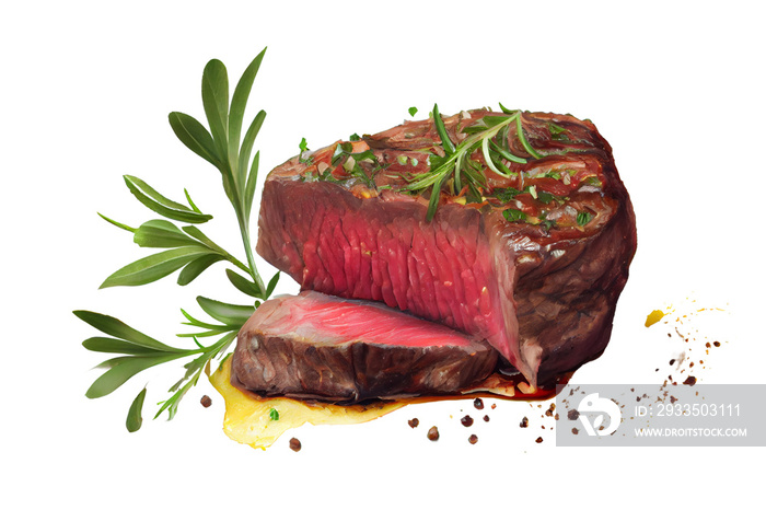 Raw beef steak with rosemary and spices transparent background