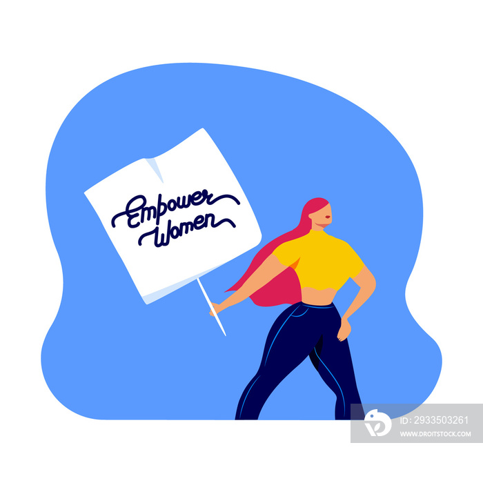 Happy International Woman Day.Feminism concept. Girl Walking Holding Text Poster.Eight of March.Free Confident Women. Feminine idea,Female Empowerment