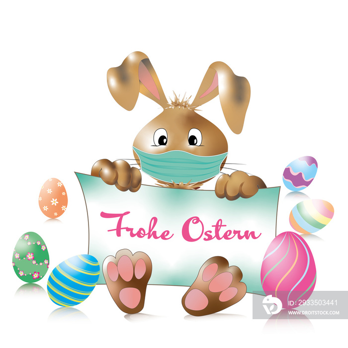 Osterhase mit geknickten Ohren und Maske mit Schild und Text Frohe Ostern.