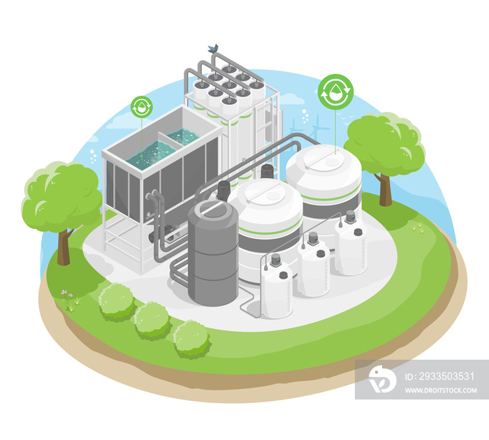 wastewater treatment concept ecology green factory water recycle system isometric
