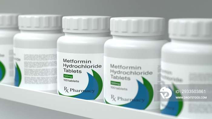 Metformin bottles on pharmacy shelf 3d rendering.